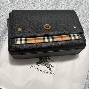 Burberry Black Leather Shoulder Bag with Check Accent